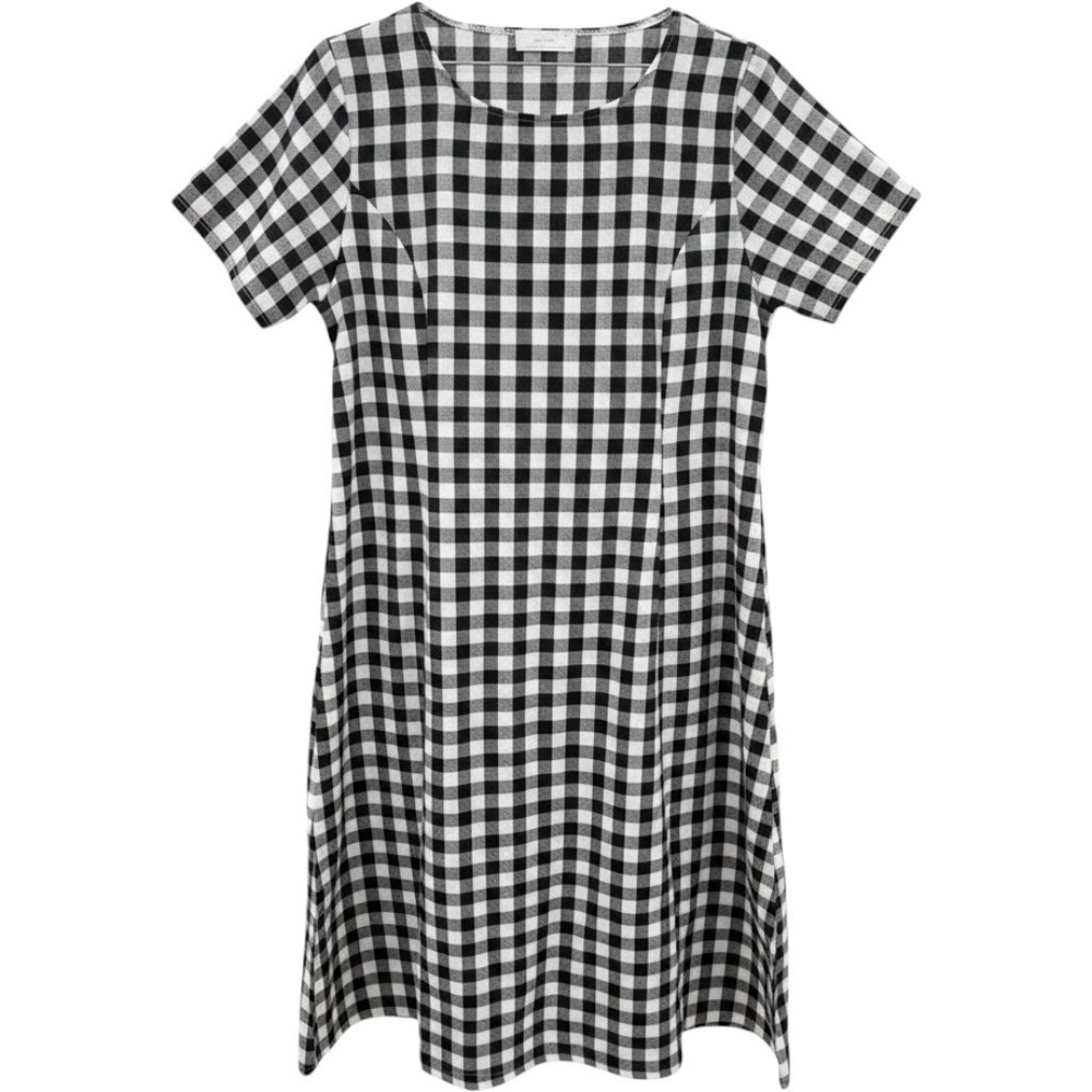 Oak + Fort Black White Black Gingham Check Short Sleeve Midi Dress Large Chic